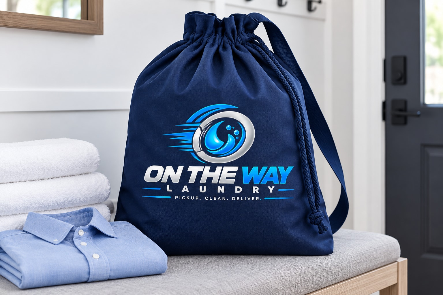 On The Way Laundry branded bag representing recurring laundry care